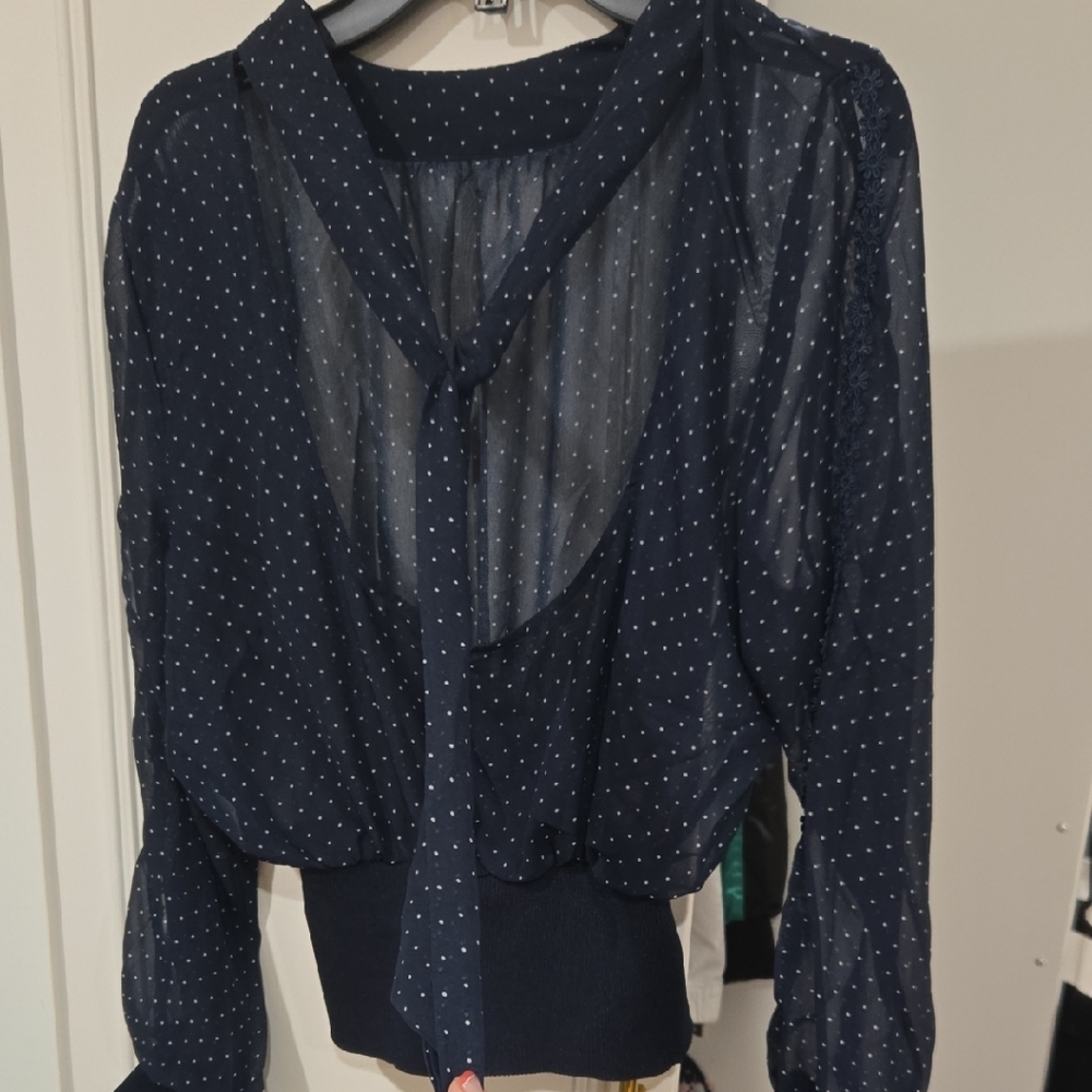 Sheer Navy Blue Polka-Dot Blouse with Lacy Sleeve Openings, Backless and Flowy!